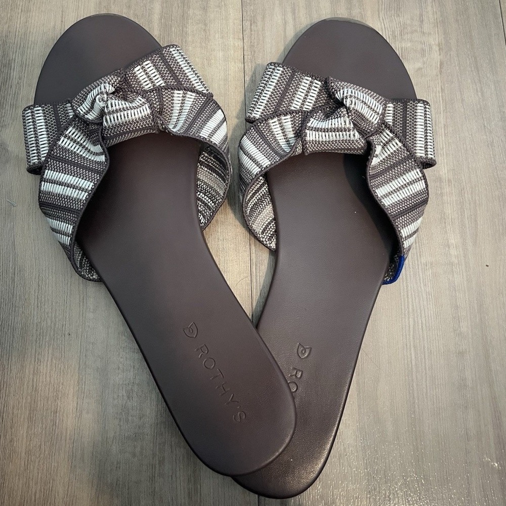 Rothys‎ The Knot Taupe Brown Stripe Slip on Flat Sandals Tied Flip Flops Size 12
